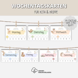 Op de afbeelding: Zeven rechthoekige kaarten met de Duitse dagen van de week van Montag tot Sonntag, elk met een dierenillustratie, een gekleurd achtergrondvlak en een genummerde rij van 1 tot 7. De tekst luidt WOCHENTAGSKARTEN FÜR KITA & KRIPPE.