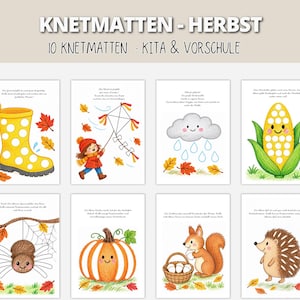 Könnte beinhalten: Ein Set aus zehn druckbaren Aktivitätsblättern mit dem Titel KNETMATTEN - HERBST 10 KNETMATTEN - KITA & VORSCHULE. Jedes Blatt zeigt herbstliche Illustrationen, darunter einen gelben Gummistiefel, ein Kind mit Drachen, eine Wolke, Mais, eine Spinne, einen Kürbis, ein Eichhörnchen und einen Igel.