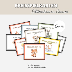May include: A collection of rectangular game cards featuring colorful illustrations of animals and children, with German text including 'KREISSPIELKARTEN', 'Editierbar in Canva', and 'SOFORT HERUNTERLADEN'. The cards display various themes like a fox, a dog, and a cat.