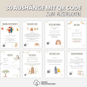 May include: A digital collection of 30 printable information sheets for parents, featuring German text, illustrations of children, animals, and clothing, and QR codes on each page. The sheets include headers like Einladung zum Laternenfest and Info an die Eltern.