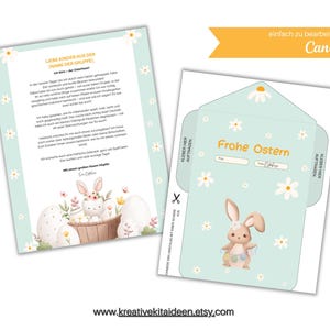 Carta personalizable de conejo de Pascua con sobre para manualidades para grupos infantiles: plantilla PDF para editar en Canva