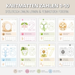 Könnte beinhalten: Ein Set aus acht Lernmatten für die Zahlen 1-10 mit Illustrationen von Schnecke, Kirschen, Kleeblatt, Muffin, Luftballons, Weintrauben, Blume und Spinne. Jede Karte enthält eine Zahl, ein Zählfeld und eine Handgeste zur Veranschaulichung.