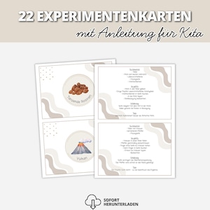 Może przedstawiać: Zestaw edukacyjnych kart eksperymentalnych z tytułem "22 EXPERIMENTENKARTEN mit Anleitung für Kita". Karty zawierają ilustracje rodzynek i wulkanu, z instrukcjami w języku niemieckim. Ikona pobierania znajduje się na dole obrazu.