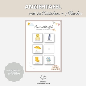 Może przedstawiać: Biała tablica do ubierania zatytułowana Anziehtafel z podtytułem Was ziehen wir heute an, zawierająca ilustracje żółtej kurtki, niebieskich ogrodniczek, żółtego parasola, żółtych kaloszy i niebieskiego plecaka oraz trzy puste pola i tęczę.