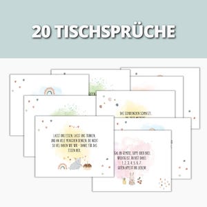Könnte beinhalten: Eine Sammlung illustrierter Karten mit deutschem Text, darunter "20 Tischsprüche". Die Karten haben Aquarellhintergründe, Regenbögen und niedliche Tierillustrationen. Der Text ist in weißer, fetter Schrift.