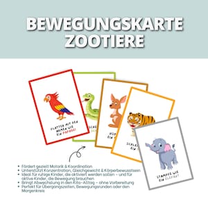 Puede incluir: Un conjunto de tarjetas didácticas coloridas con ilustraciones de animales. Cada tarjeta muestra un animal diferente, como un loro, una serpiente, un canguro, un tigre y un elefante. Las tarjetas tienen texto en alemán.