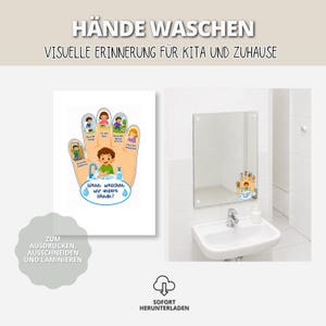 Könnte beinhalten: Ein ausdruckbares Hand-Hygiene-Poster mit Illustrationen von Kindern beim Händewaschen und dem Text HÄNDE WASCHEN sowie WANN WASCHEN WIR UNSERE HÄNDE. Die Grafik zeigt ein Kind am Waschbecken und ist auf einem Badezimmerspiegel angebracht.