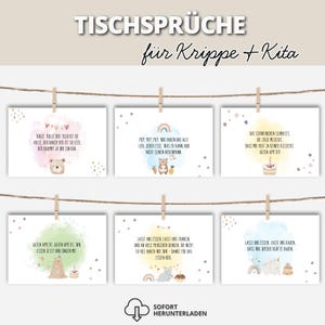 May include: Six rectangular white cards with German text and watercolor illustrations of animals and food, hanging from a string with wooden clips. The header reads TISCHSPRÜCHE für Krippe + Kita, and the footer includes a download icon with text.