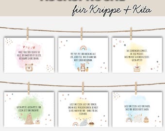 May include: Six rectangular white cards with German text and watercolour illustrations of animals and food, hanging from a string with wooden clips. The header reads TISCHSPRÜCHE für Krippe + Kita, and the footer includes a download icon with text.