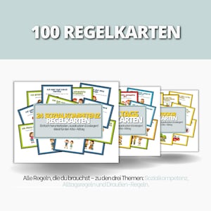 Könnte beinhalten: Ein Satz Lernkarten mit dem Text "100 REGELKARTEN" oben. Die Karten sind gestapelt, wobei die vordere Karte "24 SOZIALKOMPETENZ REGELKARTEN" anzeigt. Die Karten sind für Bildungszwecke mit farbenfrohen Illustrationen und Texten konzipiert.