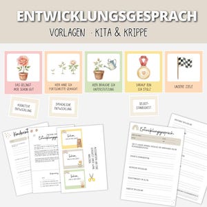 Może przedstawiać: Zestaw szablonów do rozmów o rozwoju dziecka w przedszkolach i żłobkach. Kolekcja zawiera ilustrowane karty z akwarelowymi ikonami, etykiety tekstowe oraz formularze do druku z liniami na notatki, zawierające tekst w języku niemieckim.