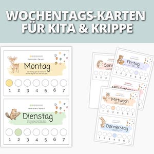 Könnte beinhalten: Wochentagskarten mit Tierillustrationen und deutschem Text. Jede Karte hat einen Bereich, um den Tagesfortschritt zu verfolgen. Der Text oben lautet "WOCHENTAGS-KARTEN FÜR KITA & KRIPPE".