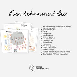 Puede incluir: Una colecci&oacute;n de hojas de trabajo educativas para ni&ntilde;os con diversas actividades como contar, laberintos y ejercicios de trazo. El texto incluye 'Das bekommst du:', '40+ ARBEITSBL&Auml;TTER', 'Z&Auml;HLEN', 'W&Uuml;RFELBILD' y una lista de caracter&iacute;sticas como 'Puzzle'.
