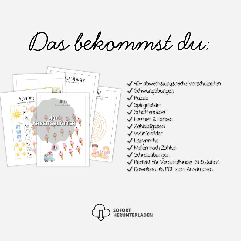 Puede incluir: Una colecci&oacute;n de hojas de trabajo educativas para ni&ntilde;os con diversas actividades como contar, laberintos y ejercicios de trazo. El texto incluye 'Das bekommst du:', '40+ ARBEITSBL&Auml;TTER', 'Z&Auml;HLEN', 'W&Uuml;RFELBILD' y una lista de caracter&iacute;sticas como 'Puzzle'.