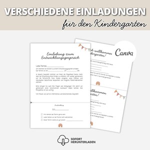 Könnte beinhalten: Zwei weiße, druckbare Einladungsvorlagen für den Kindergarten mit schwarzem Text, einem kleinen Regenbogen-Symbol und einer Wimpelkette. Die Dokumente enthalten Felder für Termindetails, Familiennamen und einen abtrennbaren Antwortabschnitt.