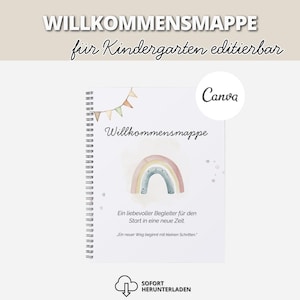 May include: A spiral-bound notebook with a white cover featuring a watercolor rainbow illustration, bunting flags, and the German text Willkommensmappe, Ein liebevoller Begleiter für den Start in eine neue Zeit, and Ein neuer Weg beginnt mit kleinen Schritten.