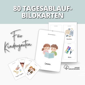 Peut inclure: Cartes flash blanches avec illustrations et texte allemand, dont "80 Tagesablauf-Bildkarten" et "Für Kindergarten". Les cartes représentent des enfants lisant, peignant et d'autres activités. Une icône de téléchargement numérique est également présente.