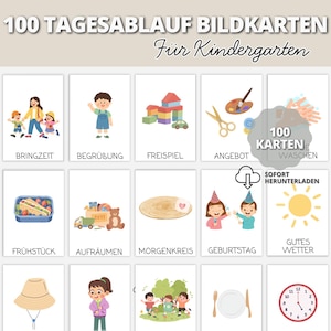 Peut inclure: Un ensemble de 100 cartes illustrées pour une routine quotidienne de maternelle. Les cartes présentent des illustrations colorées de diverses activités, telles que le jeu, le petit-déjeuner et la météo, avec du texte allemand.
