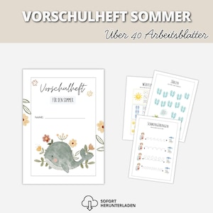 Puede incluir: Un cuaderno de ejercicios preescolares para el verano con m&aacute;s de 40 hojas. La portada muestra una ilustraci&oacute;n de una ballena con flores y el texto VORSCHULHEFT F&Uuml;R DEN SOMMER. P&aacute;ginas adicionales muestran ejercicios de conteo y trazo.