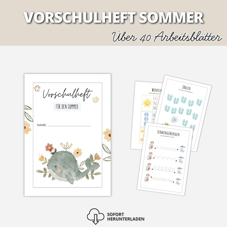 Puede incluir: Un cuaderno de ejercicios preescolares para el verano con m&aacute;s de 40 hojas. La portada muestra una ilustraci&oacute;n de una ballena con flores y el texto VORSCHULHEFT F&Uuml;R DEN SOMMER. P&aacute;ginas adicionales muestran ejercicios de conteo y trazo.