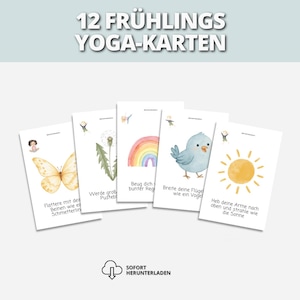 May include: A set of 12 yoga cards with watercolor illustrations of a butterfly, dandelion, rainbow, bird, and sun. The cards have German text: "12 FRÜHLINGS YOGA-KARTEN" and "SOFORT HERUNTERLADEN".