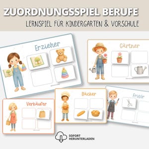 Puede incluir: Un juego de asociación titulado ZUORDNUNGSSPIEL BERUFE LERNSSPIEL FÜR KINDERGARTEN & VORSCHULE que incluye tarjetas ilustradas de profesiones como maestro, jardinero, panadero, vendedor y peluquero con iconos de objetos asociados.