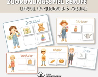 May include: A matching game set titled ZUORDNUNGSSPIEL BERUFE LERNSSPIEL FÜR KINDERGARTEN & VORSCHULE featuring illustrated cards of various professions including a teacher, gardener, baker, salesperson, and hairdresser with associated object icons.
