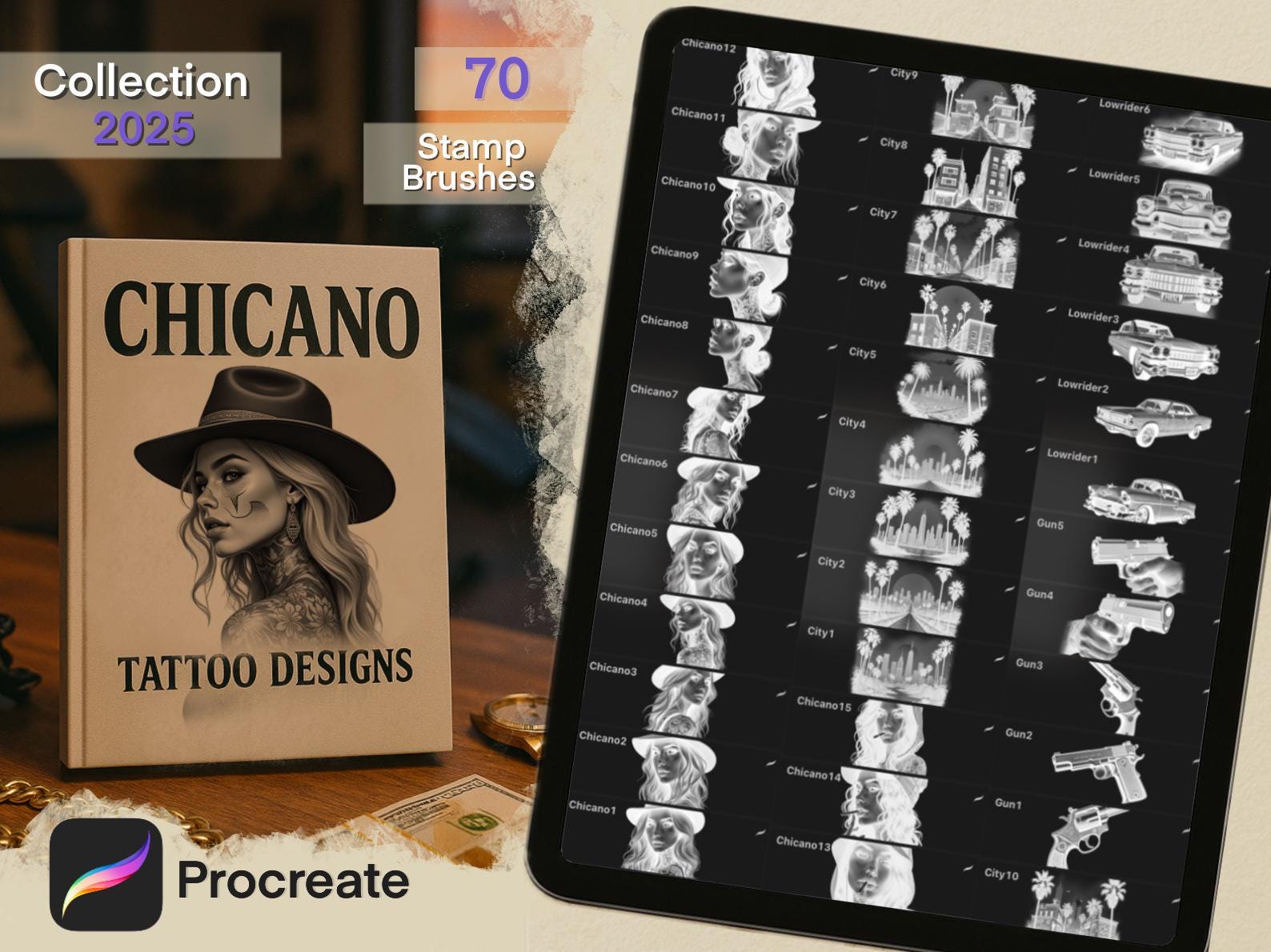 70 Chicano Tattoo Brushes for Procreate – Unique Tattoo Design Set - Etsy