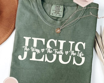 Camiseta unisex con colores cómodos, cristiana, Juan 14:6, teñida en prenda, para estudio bíblico, Jesús, iglesia, fe, humor.