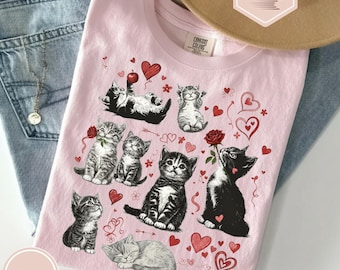 Cute Valentines Cat Shirt Retro Cat Kitten Shirt Comfort Colors Cat Heart Valentine Shirt Funny Vday Cat Lover Shirt Girlfriend Cat Love
