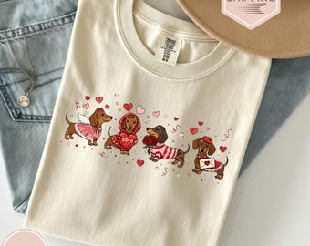 Valentines Dachshund Sweatshirt Cute Wiener Dog Tee Funny Heart Puppy T-shirt Gift For Dog Lovers Lovely Sausage Dog Valentine's Day Shirt
