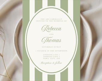 Plantilla de invitación de boda con rayas verde salvia: paquete editable en Canva (descarga digital)