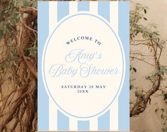 Cartello di benvenuto per baby shower a righe blu: modello modificabile (download immediato)