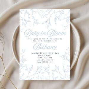 Blue Baby in Bloom Invitation Template Bundle, Blue Baby Shower, Books for Baby Card, Diaper Raffle Card, Baby Shower Printable, Boy Baby