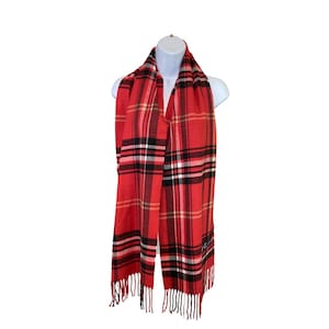 Red Tartan Plaid Fringe Scarf – Soft Rectangle Blanket Wrap | Preppy Holiday Winter Shawl