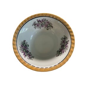 Vintage Yamatsu Japan Floral Bowl – Purple Violets – Gold Scalloped Rim – Lusterware Porcelain