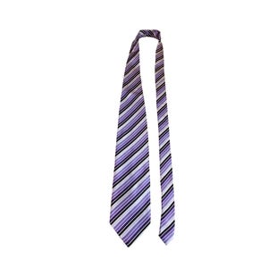 May include: A purple and white striped tie. The tie features alternating stripes of purple, black, and white. The tie is made of a smooth fabric and is suitable for formal or business attire.