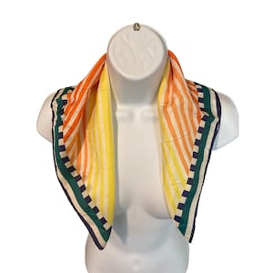 Vtg Womens Square Scarf Orange Yellow Green Stripe Neck Wrap Bandana  Accessory
