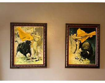 Ingelijste Rico Tomaso Matador stierengevechtscène kunstdruk set van 2 rustiek decor 18 x 24 inch