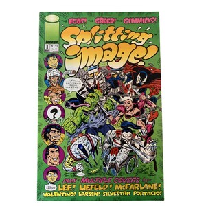 May include: A comic book cover for "Splitting Image!" with a green background and various comic book characters. The cover features the text "The Egos! The Greed! The Gimmicks!" and "Plus Multiple Covers by Lee! Liefeld! McFarlane!"