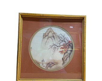 Vintage 1980s Asian Lithograph Mountain Mule Man Watercolor Gold Bamboo Frame