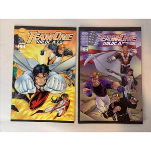 May include: Two comic books featuring the title "Team One Wildcats." The covers display action-packed illustrations of superheroes in dynamic poses. The color palette includes orange, yellow, red, blue, and white, with the American flag prominently featured on one cover.