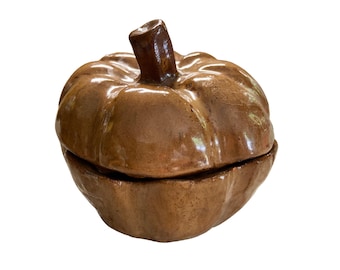 Rustic Brown Ceramic Pumpkin Dish Lidded Bowl Fall Harvest Cottagecore Decor