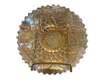 Vintage Marigold Carnival Glass Bowl with Scalloped Edge & Brass Stand – Iridescent Sunburst Pattern