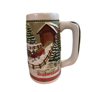 Budweiser Urlaub Bierkrug Clydesdales Covered Bridge Ceramarte Vintage Becher