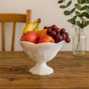Vintage Milk Glass Compote Pedestal Bowl Grapes & Leaves Pattern 1950s Decor