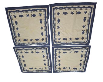 Park Imports Coastal Fish Napkins Set 4 Blue White Nautical Cottagecore