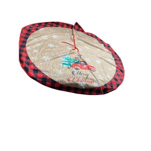 Rustic Christmas Holiday Tree Skirt Red Truck Buffalo Plaid Trim 48&quot; Diameter