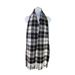Black & White Plaid Fringe Scarf – Soft Blanket Style Rectangle Wrap | Winter Checkered Shawl