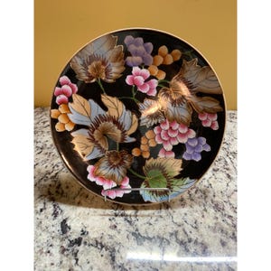 Vintage Hand-Painted Decorative Plate Oriental Floral Black Pastel Gold Trim